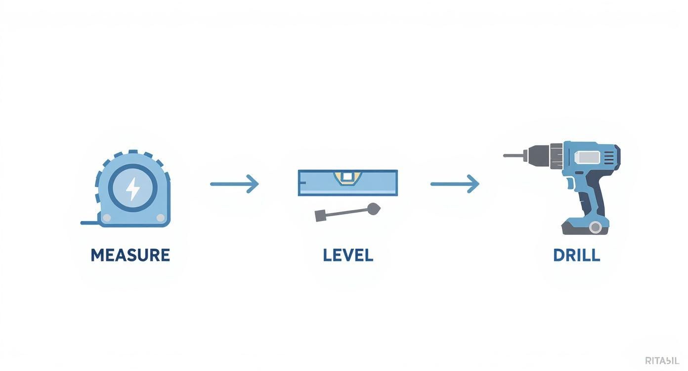 Three-step process showing measure with tape measure, level with spirit level, and drill with power drill