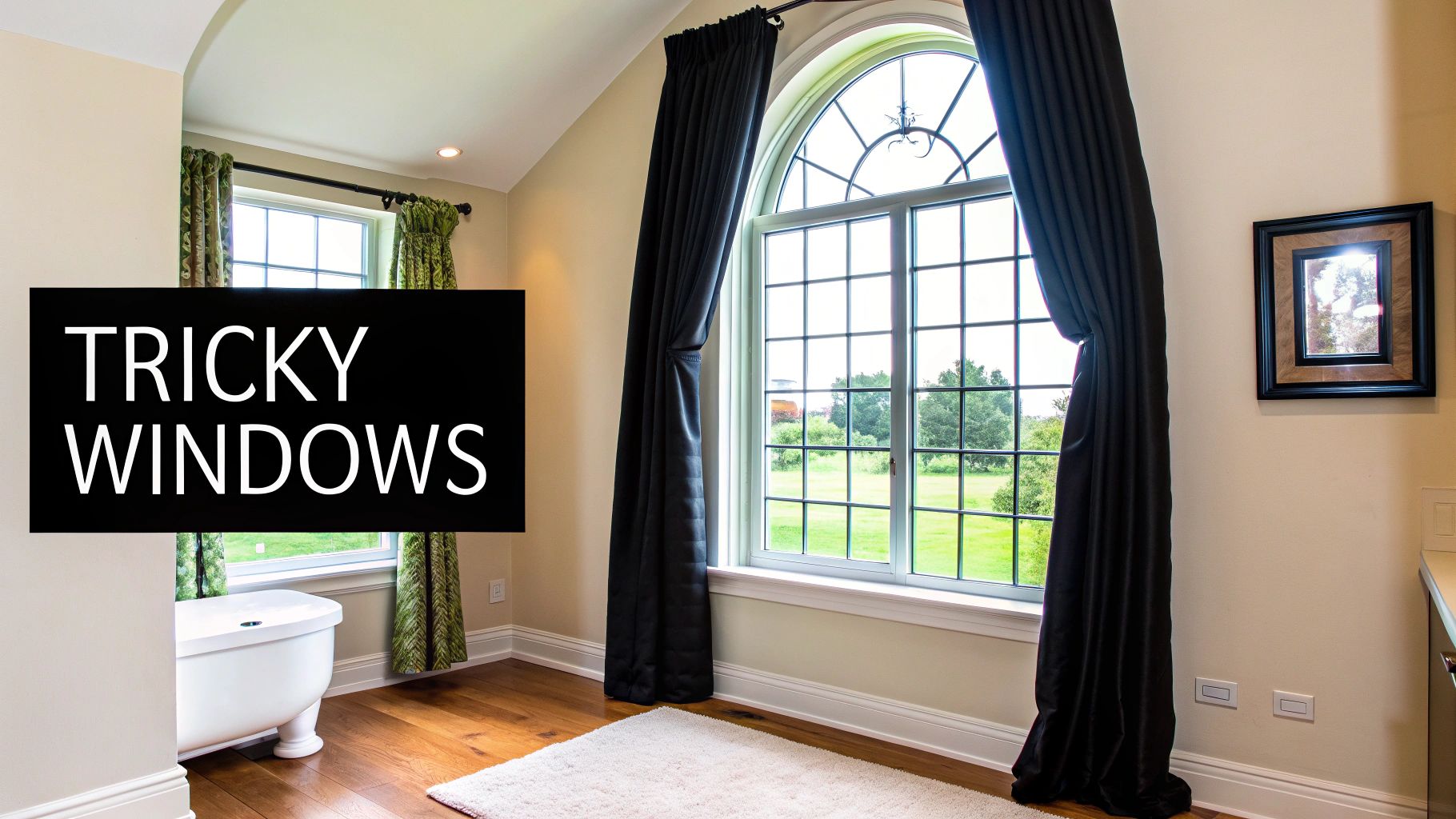 A bright bathroom featuring a large arched window with black curtains, showing how to handle different window types.
