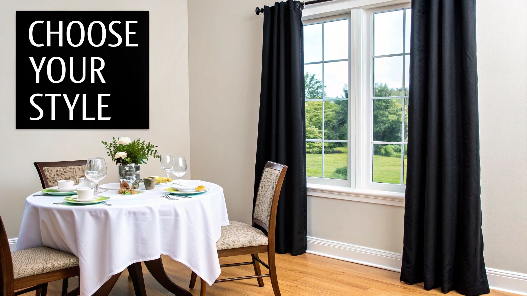 A dining room with a white-clothed table, chairs, a window with black curtains, and a 'Choose Your Style' sign.