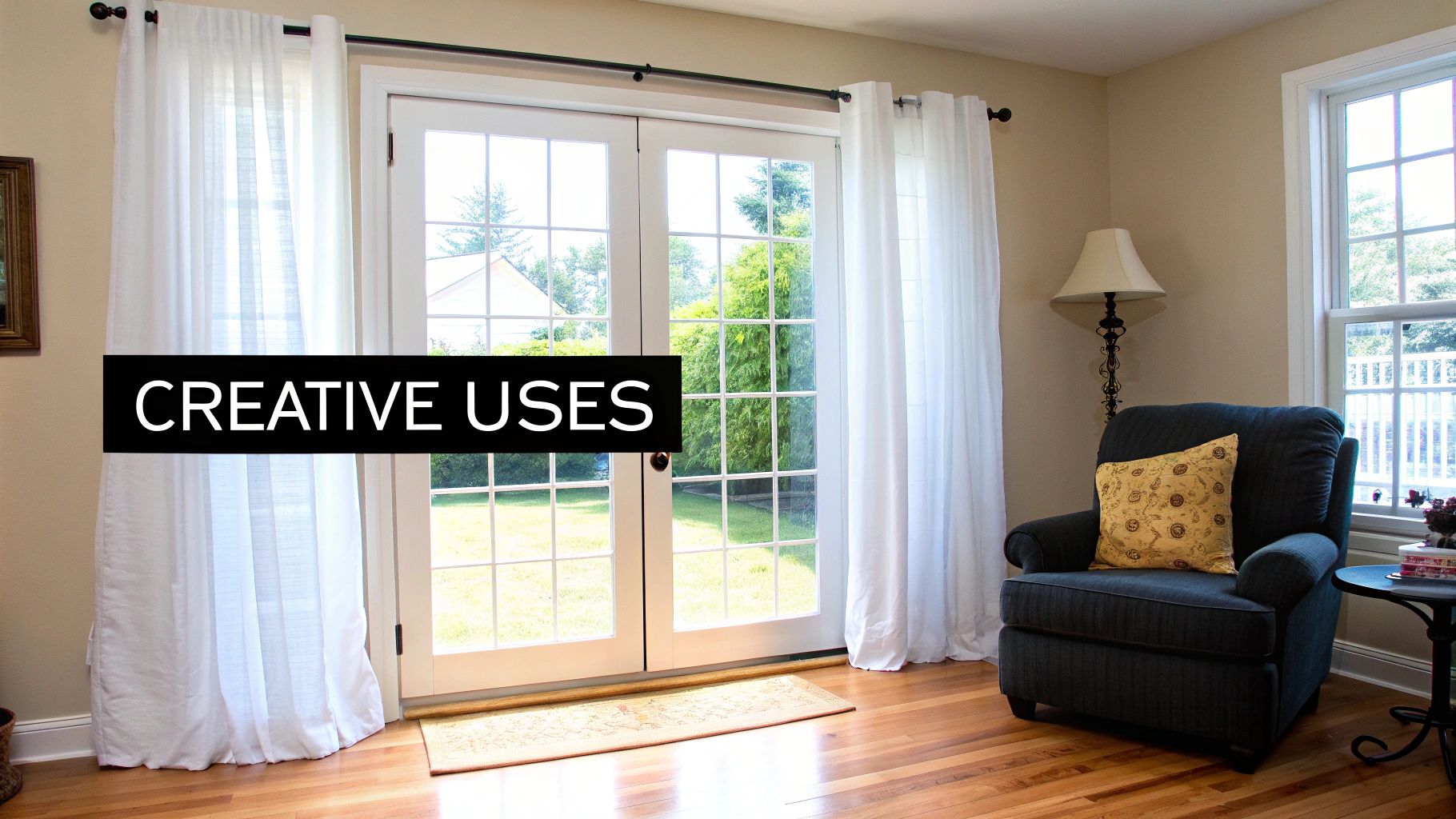 White sheer curtains on black rods framing french doors in bright living room with armchair