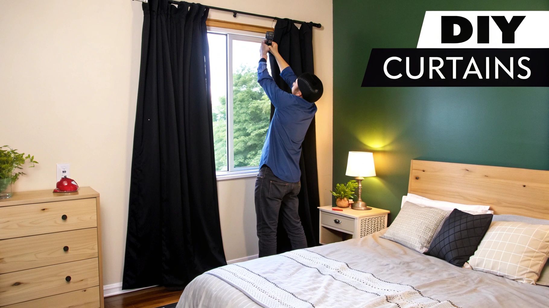 A comparison showing light leaking through standard blinds versus complete darkness with blackout curtains.