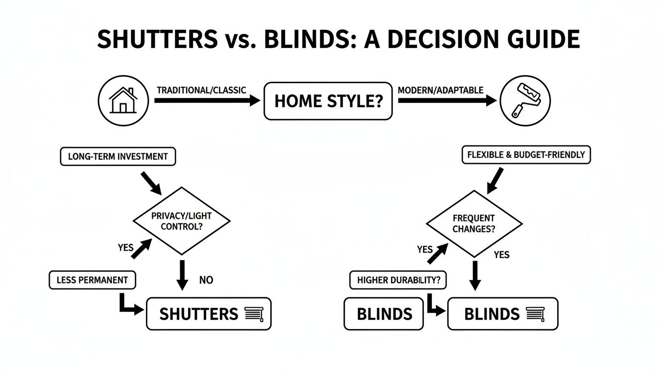 Flowchart decision guide for choosing between shutters and blinds based on home style and functional needs.