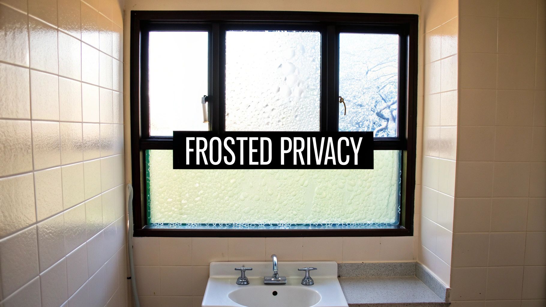 A small bathroom with a sink beneath a three-pane window with frosted privacy film.