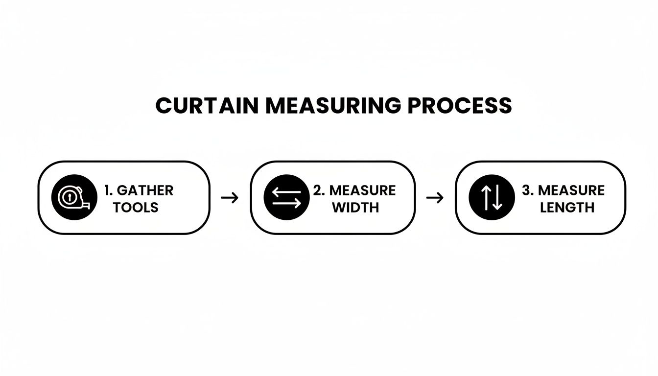 Flowchart illustrating the three steps of the curtain measuring process: gather tools, measure width, and measure length.