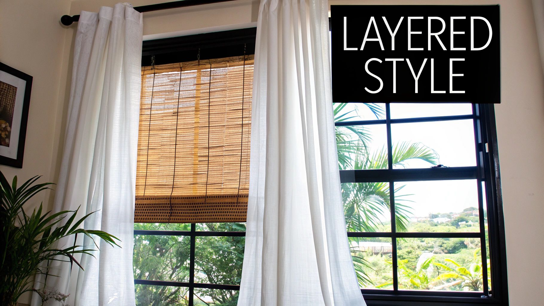 A layered window treatment with sheer white curtains over natural woven wood shades in a bright farmhouse room.