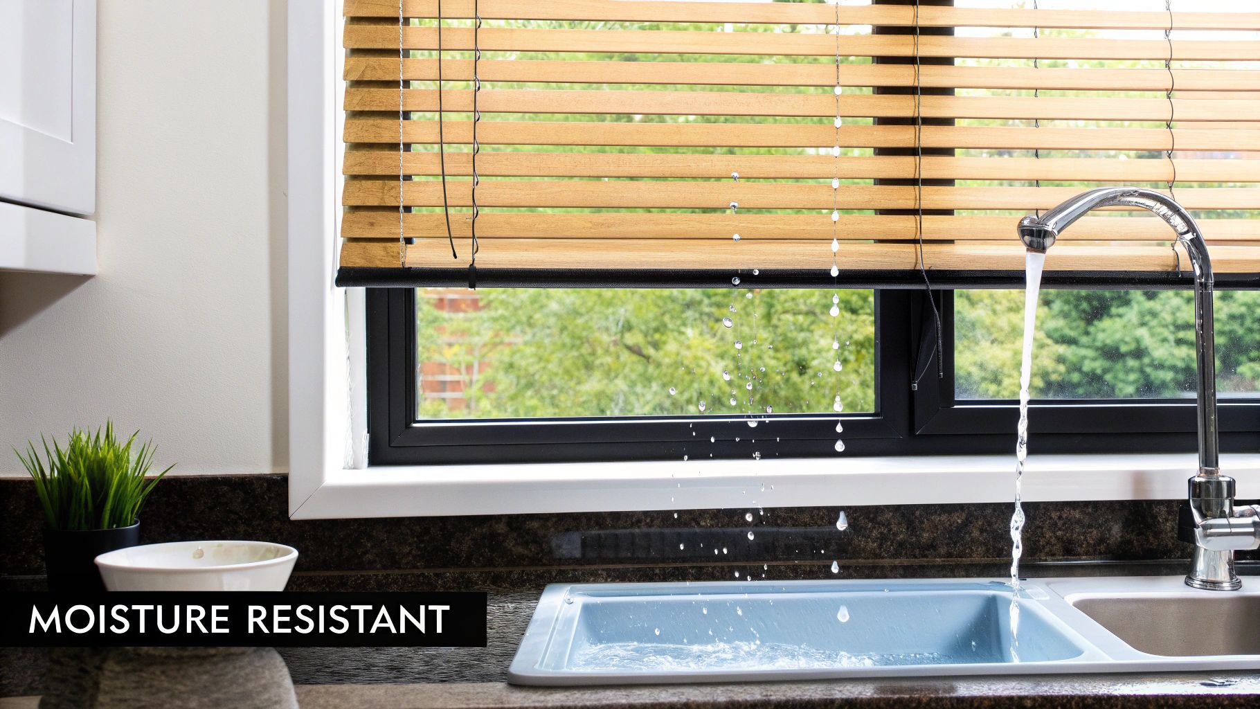 Kitchen sink with running water splashing on moisture resistant wooden blinds over a window.