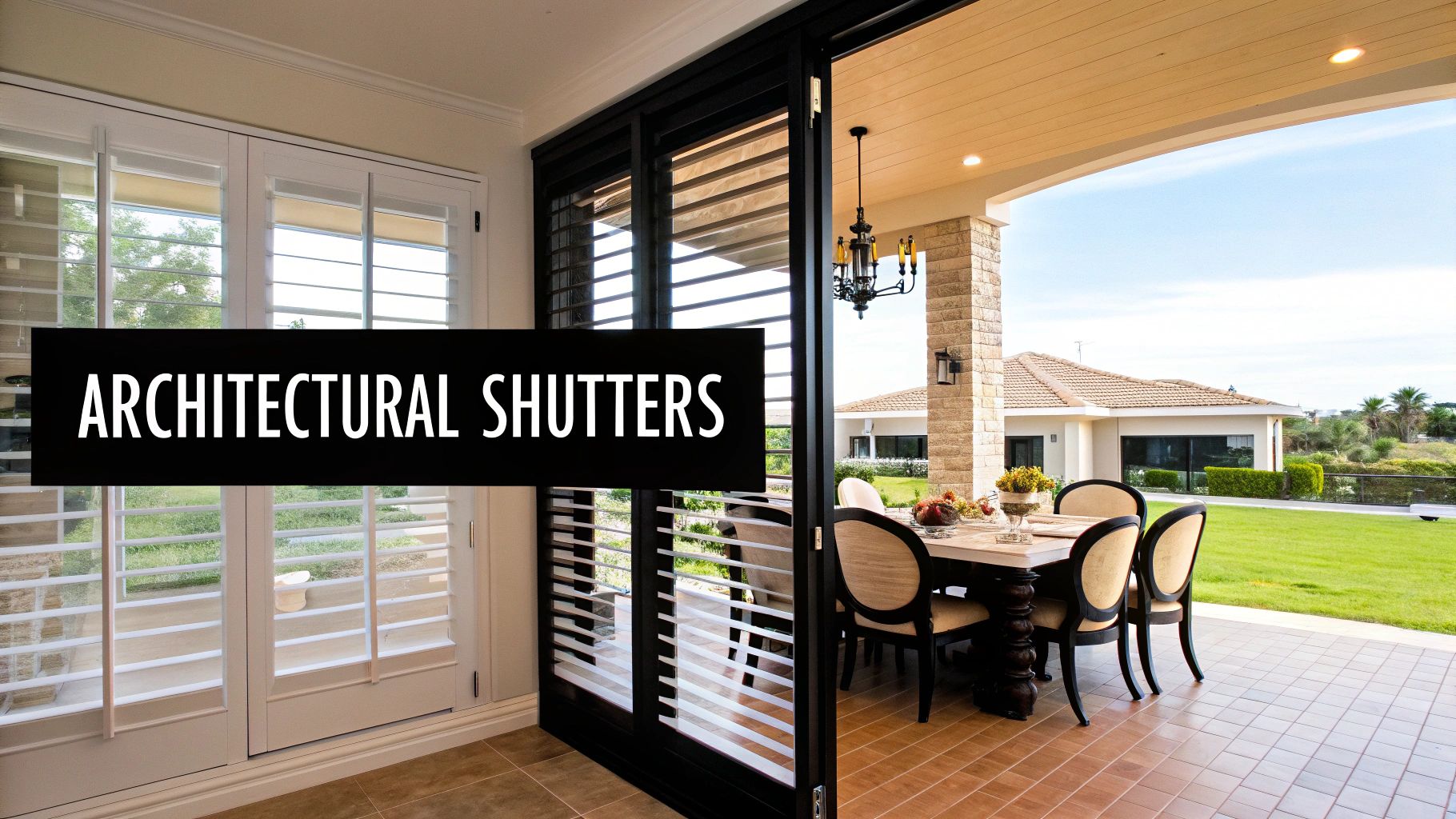 Modern black architectural shutters opening to covered patio dining area with elegant furniture and garden view