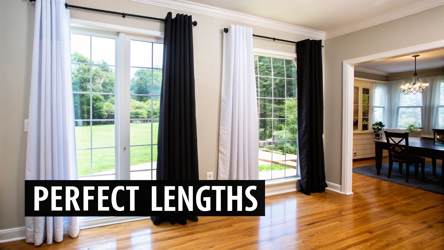 A well-decorated living room showing curtains that float just above the floor.