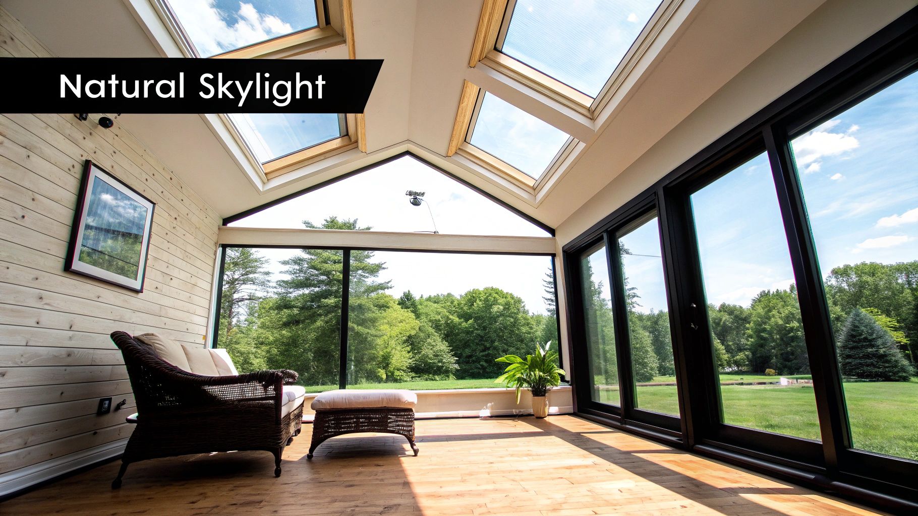 Bright sunroom with natural skylights, large windows overlooking a lush green landscape, and comfortable wicker furniture.