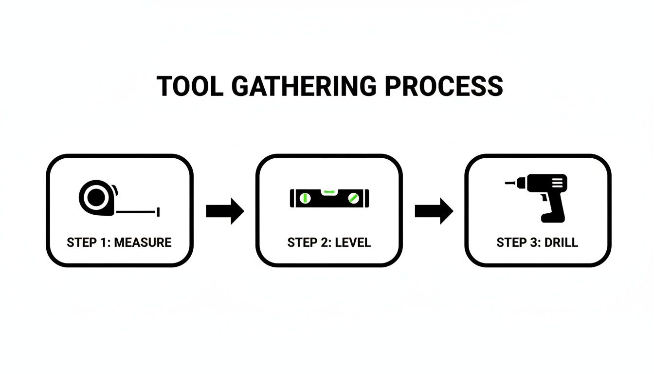 An infographic detailing a three-step tool gathering process: measure, level, and drill, with icons.