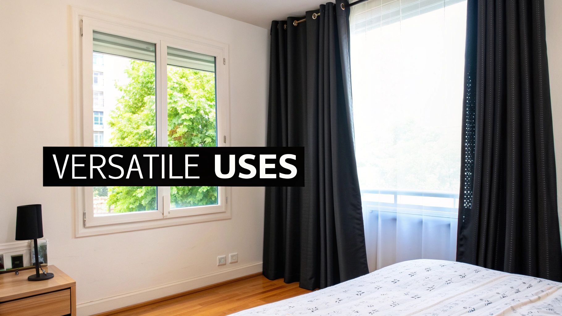 A cozy bedroom with elegant, dark blackout curtains closed, creating a dim and restful atmosphere.