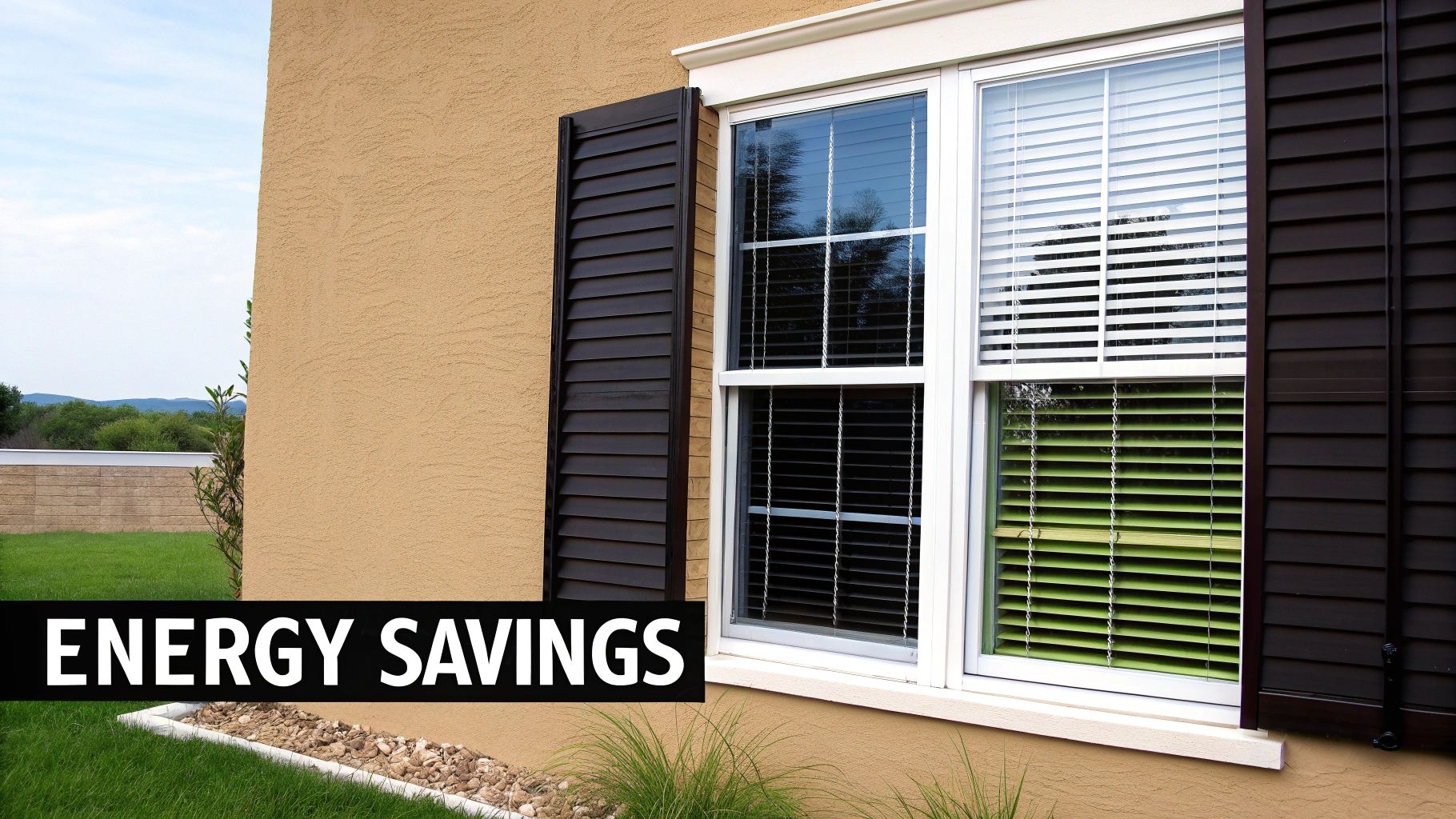 Exterior view of a house with open and closed dark shutters, and windows with white and green blinds, promoting energy savings.