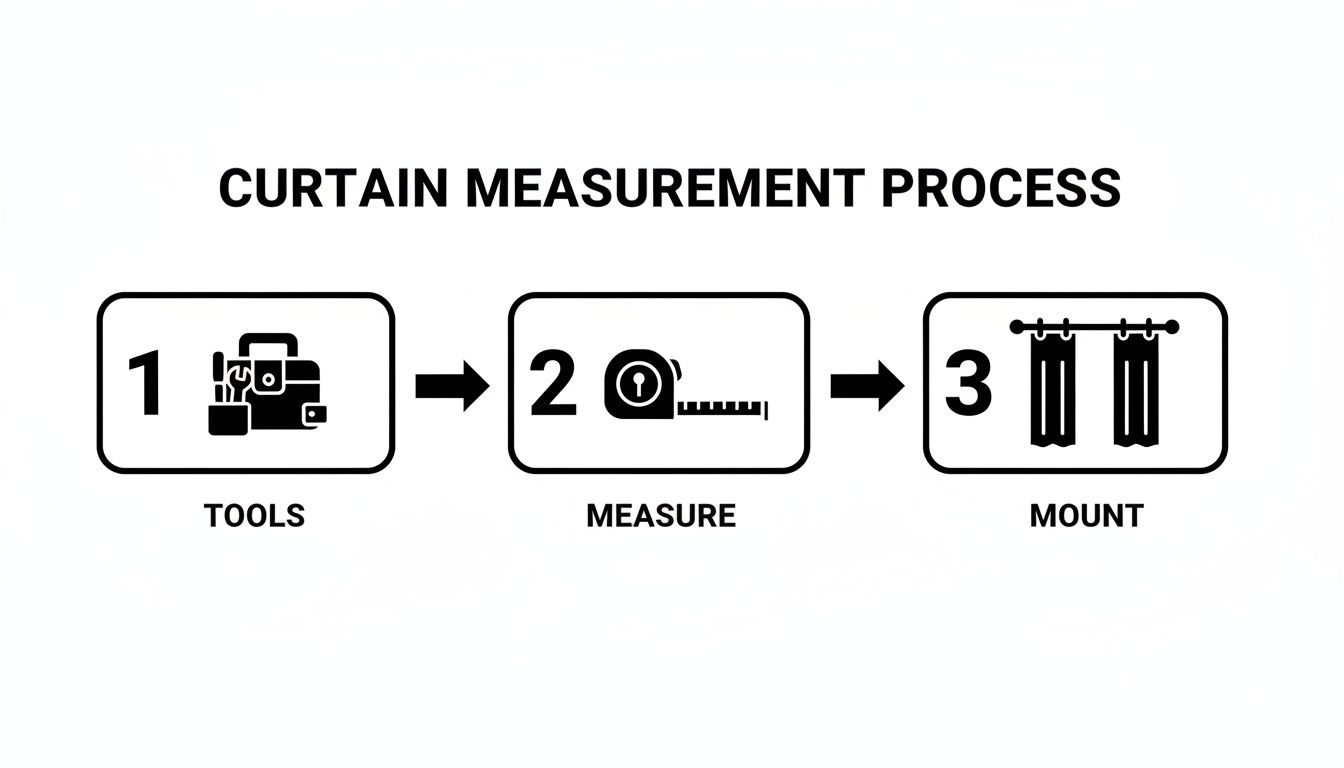 A three-step guide for curtain measurement process: tools, measure with tape, and mount curtains.
