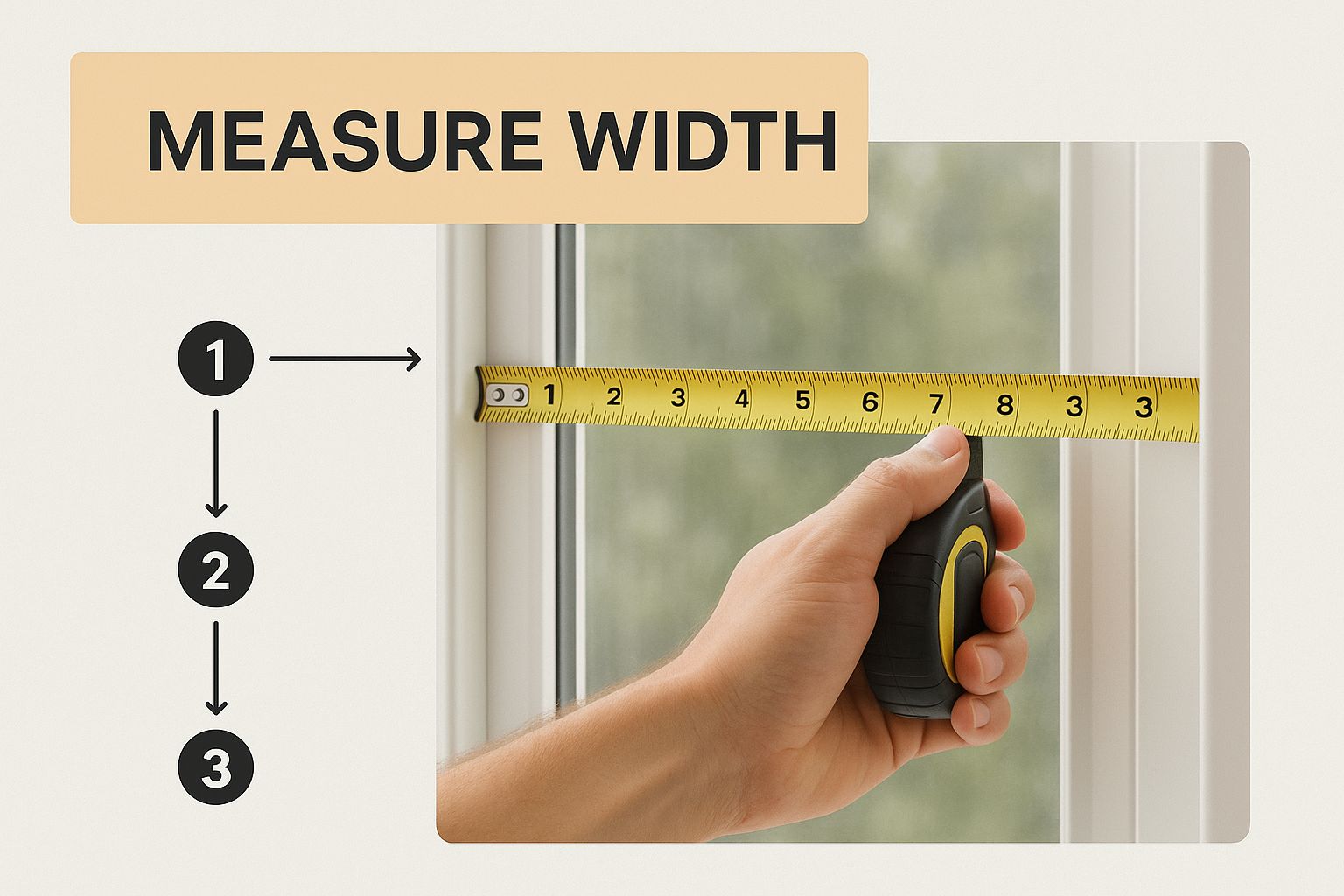 Diagram showing how to measure window width, including extending the curtain rod 3-6 inches beyond the frame on each side.