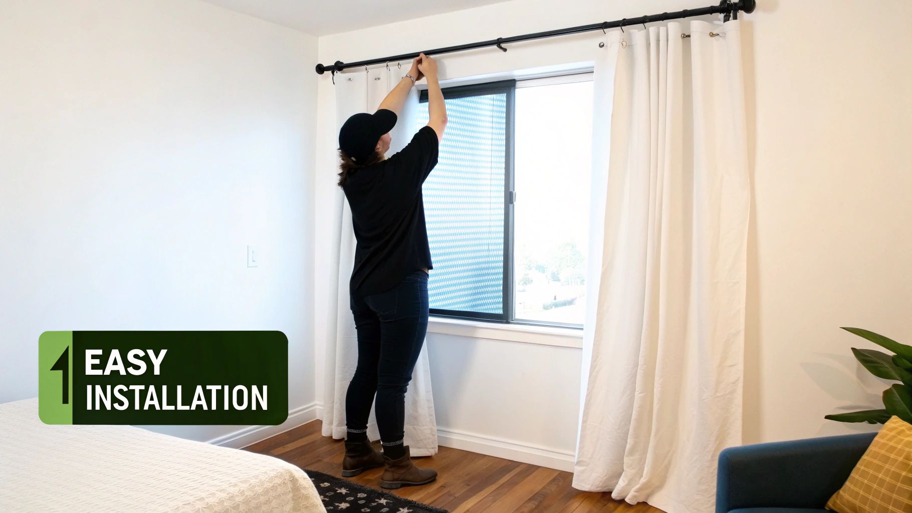 Curtains that are too short and not wide enough, showing a common mistake.