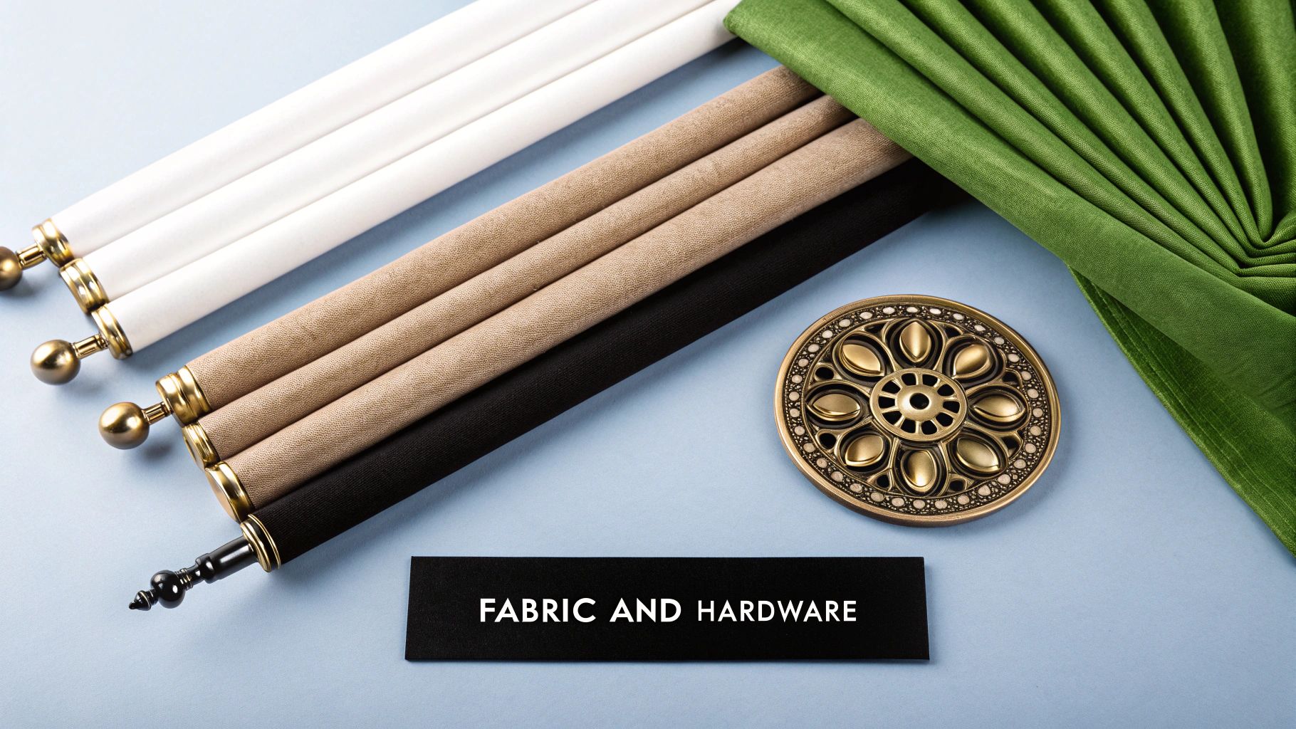 Assorted fabric rolls in white, beige, black, and green, with decorative curtain hardware on a light blue surface.