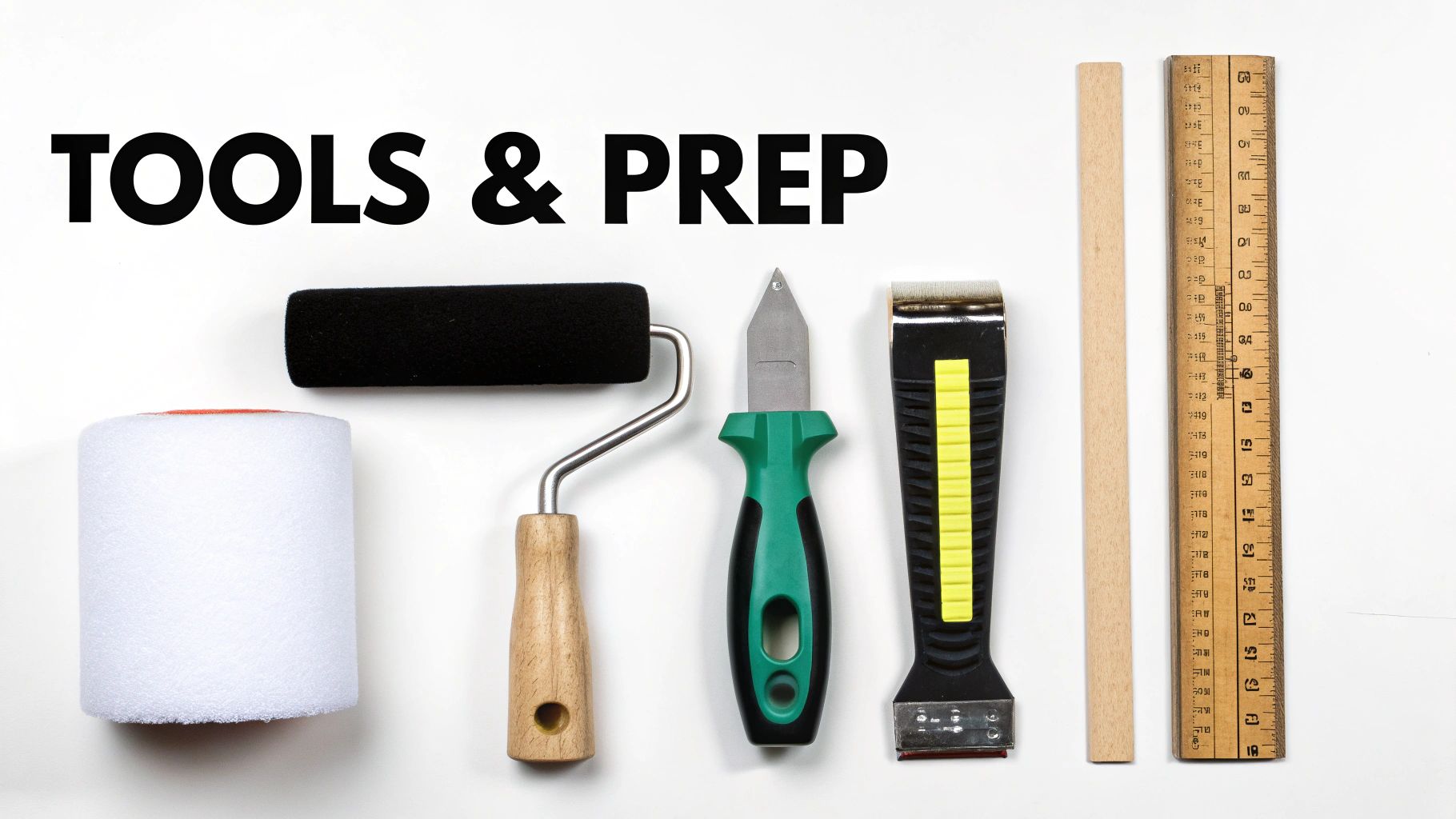 Tools for preparation work, including paint rollers, a utility knife, scraper, and rulers, with 'TOOLS & PREP' text.