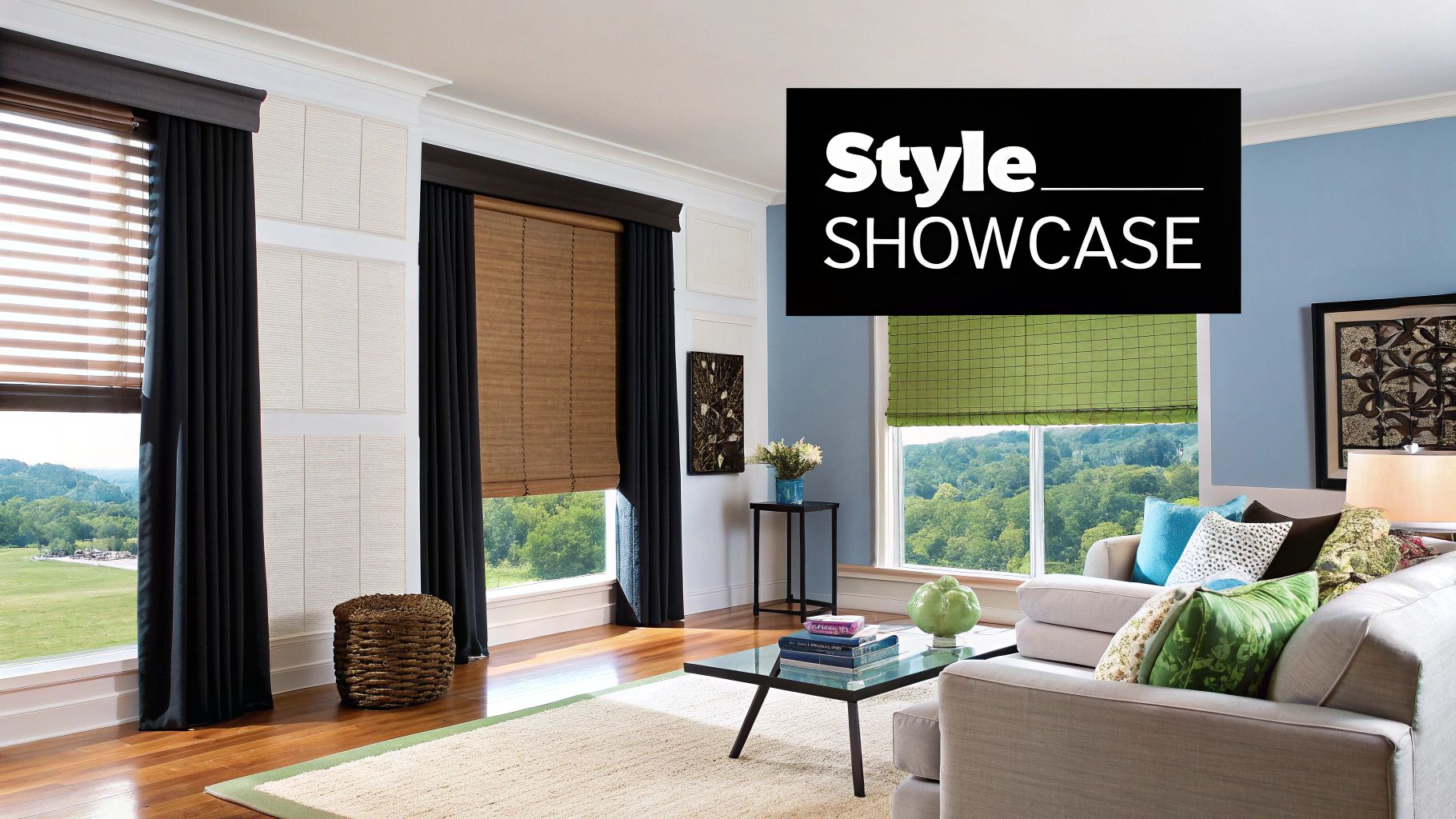 Elegant living room with long, flowing curtains framing a large window.