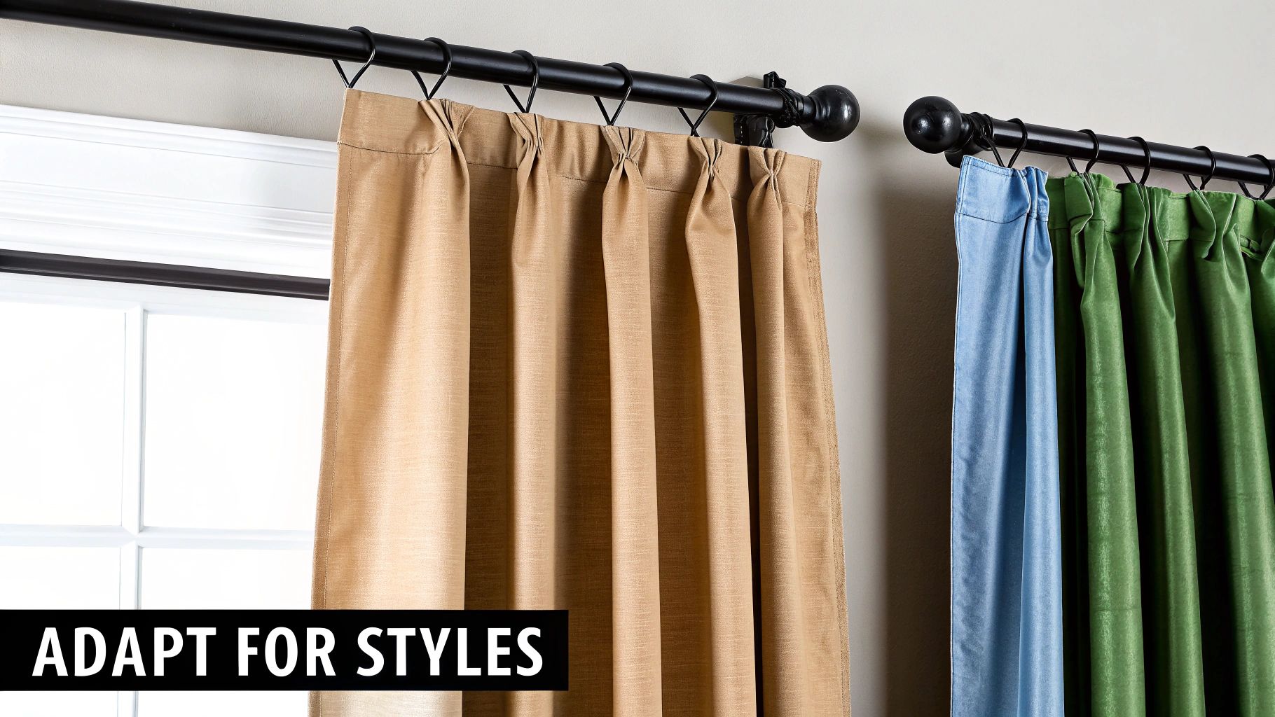 Three different colored curtains, tan, blue, and green, hanging from a black curtain rod with rings.