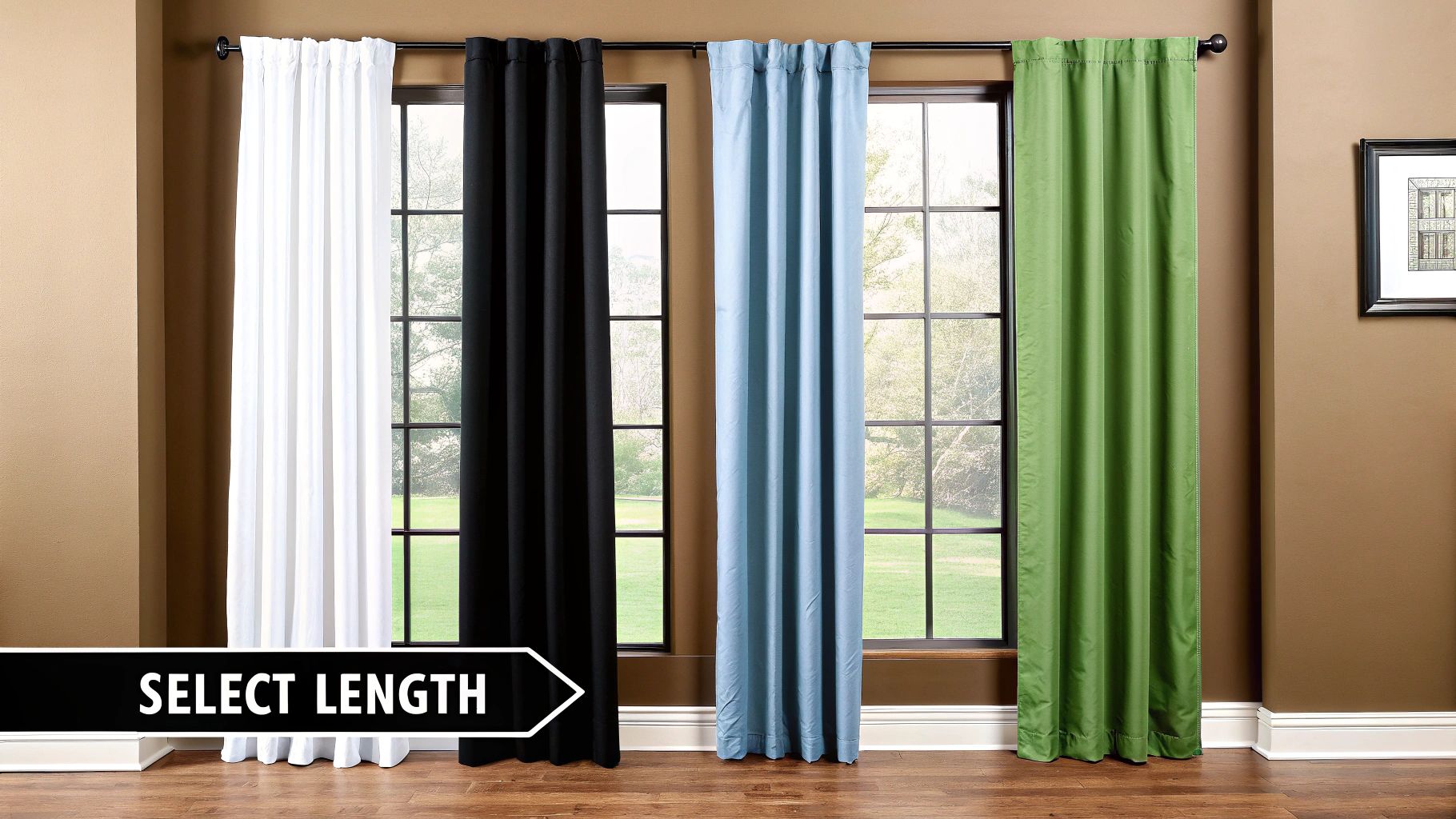 Four different curtain lengths are shown side-by-side to illustrate various styles for a room.