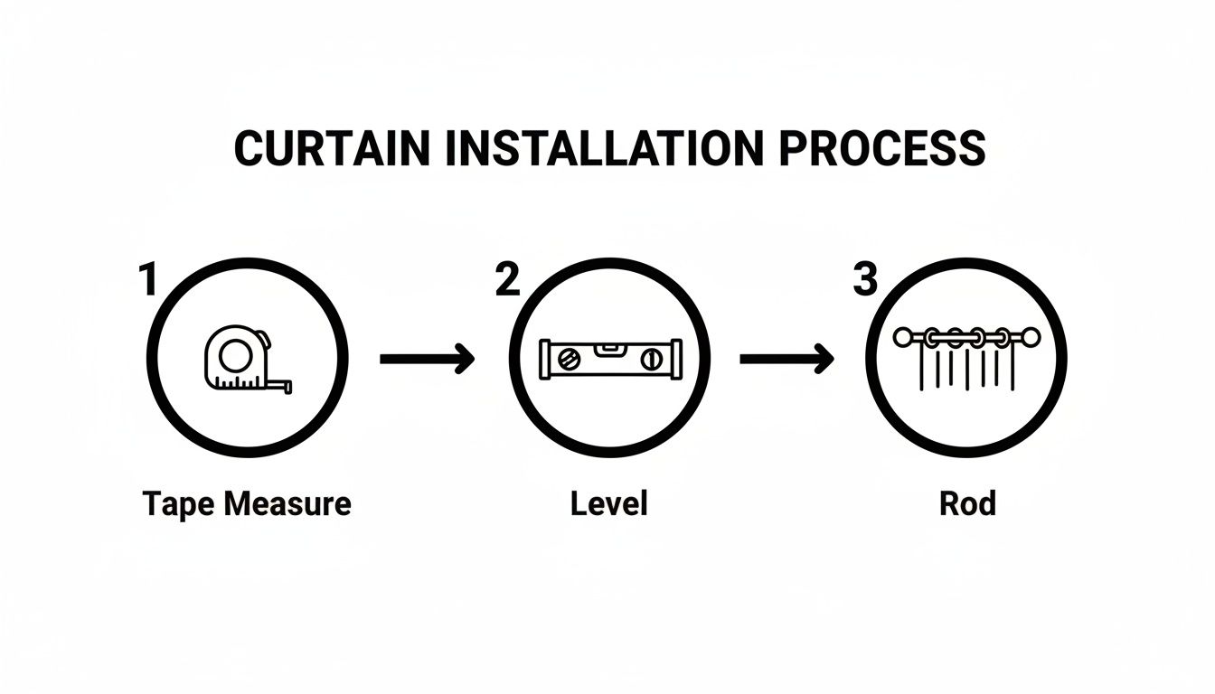 A simple diagram illustrating the three-step curtain installation process: measure, level, and install the rod.