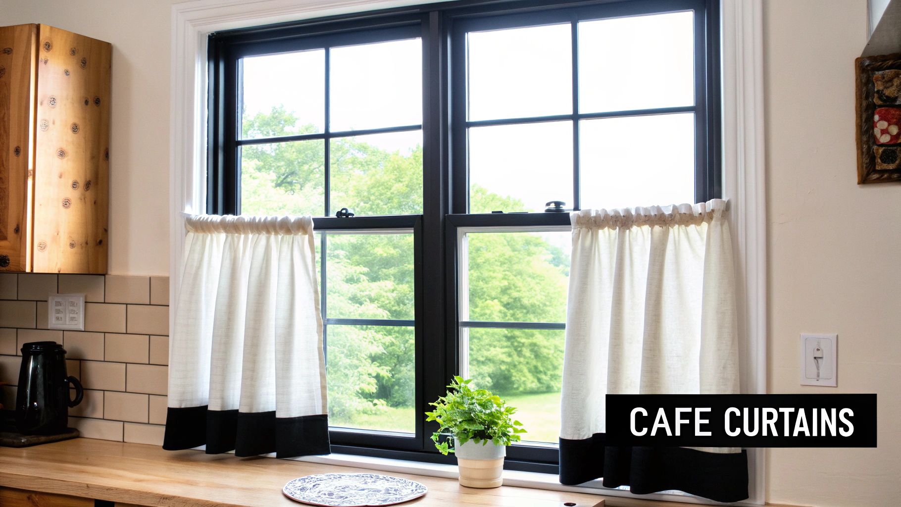 Modern kitchen window with white and black cafe curtains covering lower half of window
