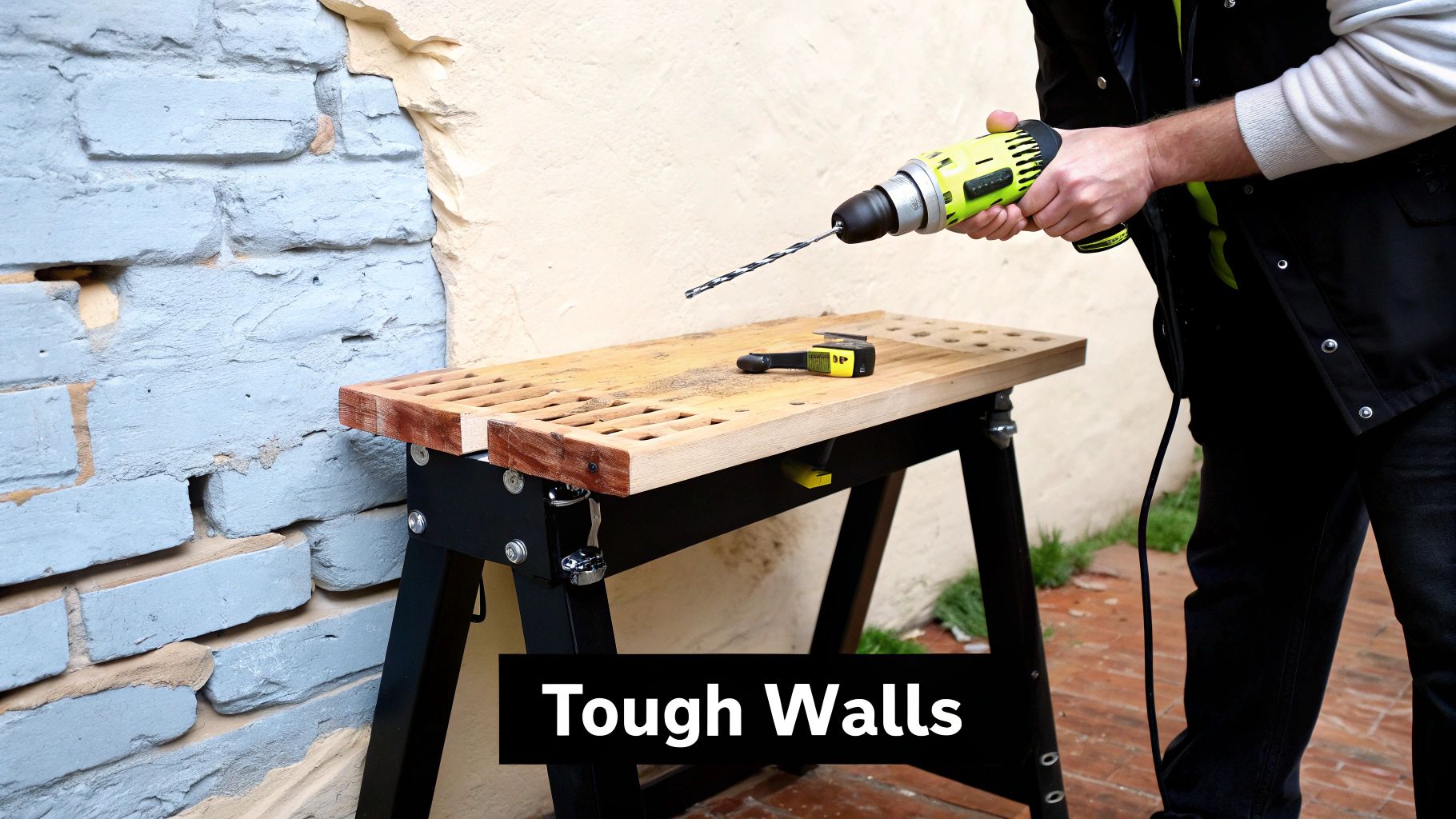 A person holds a power drill with a long bit, ready to drill into a textured brick wall, with a workbench nearby.