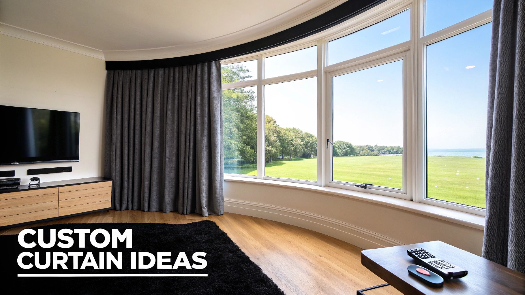 A living room with custom grey curtains on a curved bay window overlooking a green field and ocean.