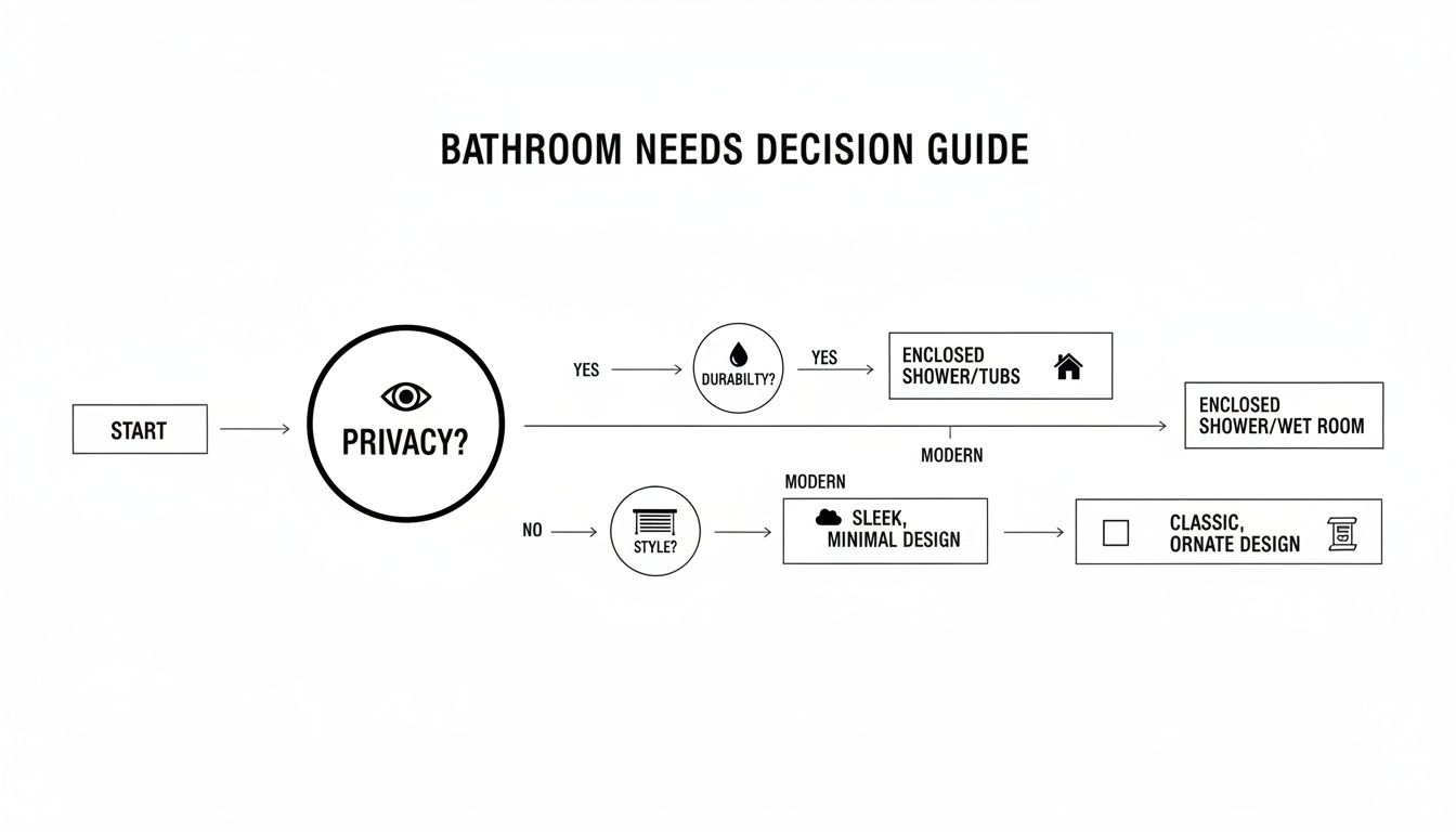 Flowchart for bathroom needs decision guide, outlining choices based on privacy, durability, and style preferences.