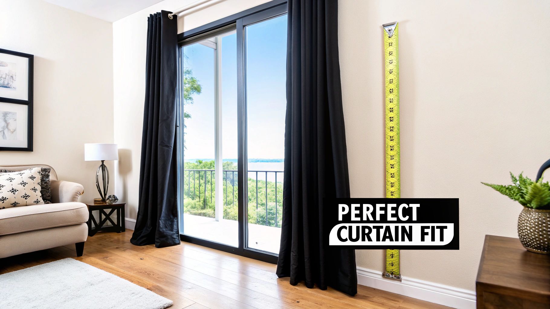 Modern living room showing black curtains on a large balcony door, with a wall-mounted tape measure.