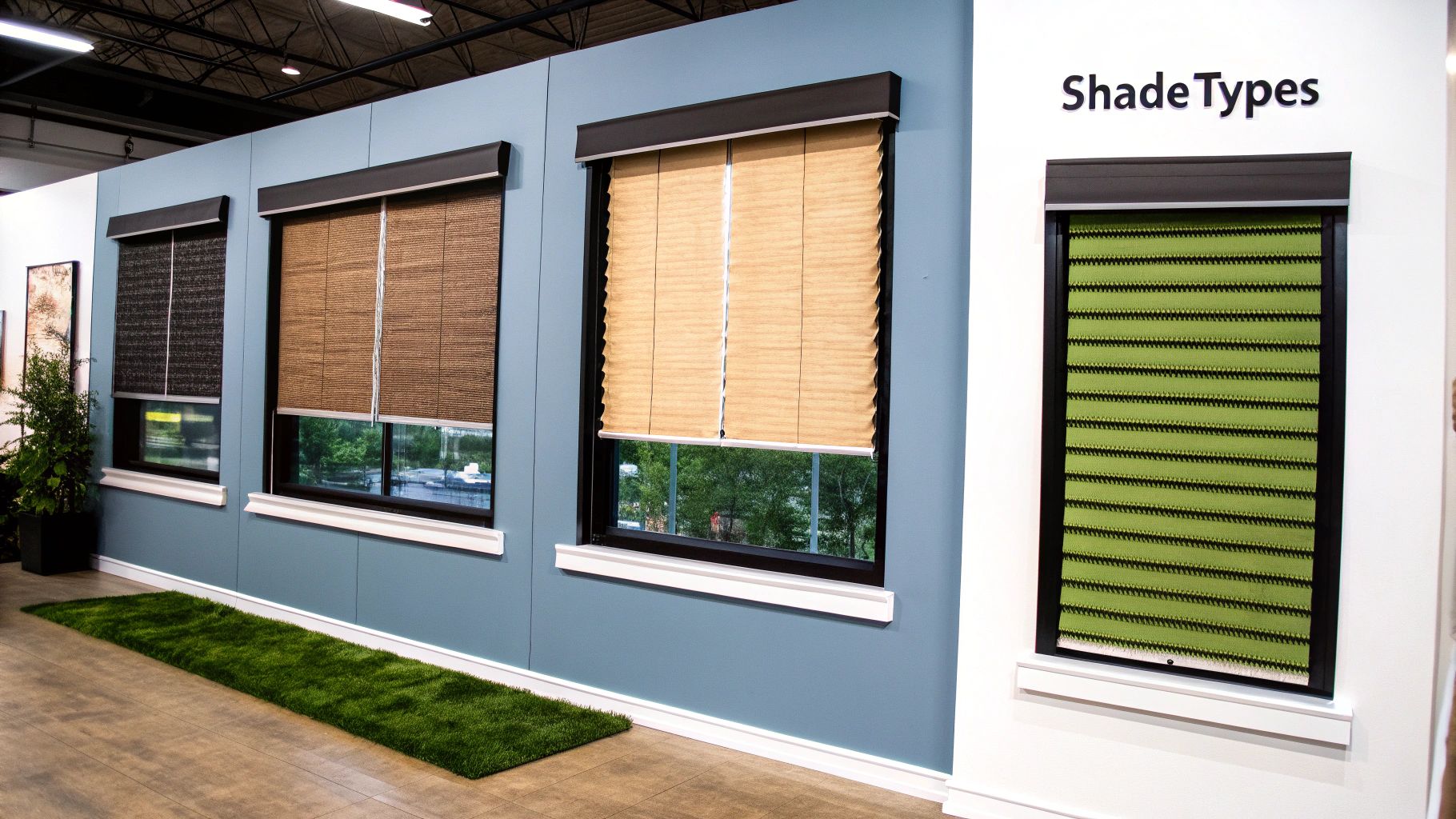 A modern living room featuring large windows with sleek, grey roller shades.