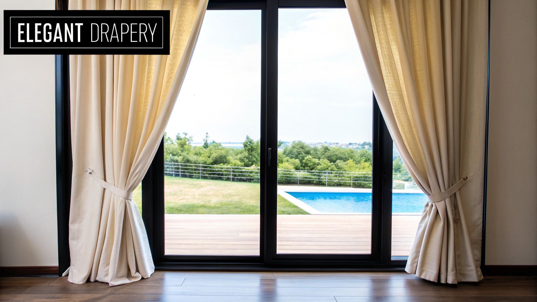 A stylish doorway with a sheer white curtain on a black rod, gracefully tied back to allow entry.