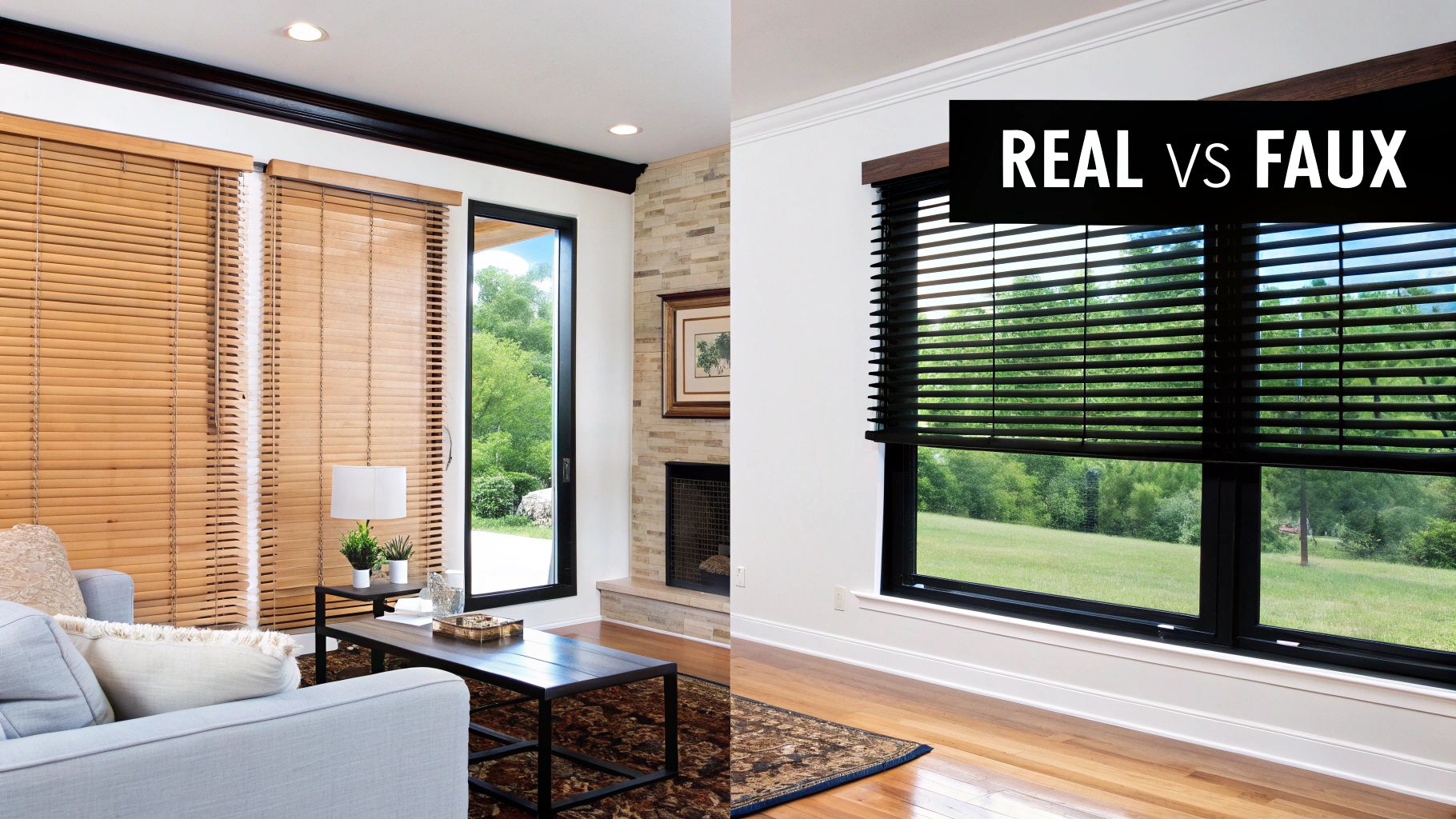 Real light wood blinds and dark faux wood blinds covering large windows in homes.