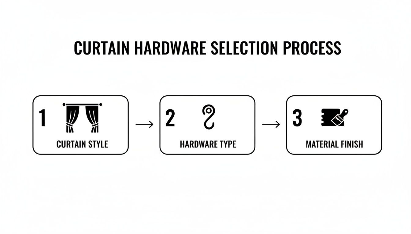A step-by-step diagram outlining the curtain hardware selection process: style, type, and finish.