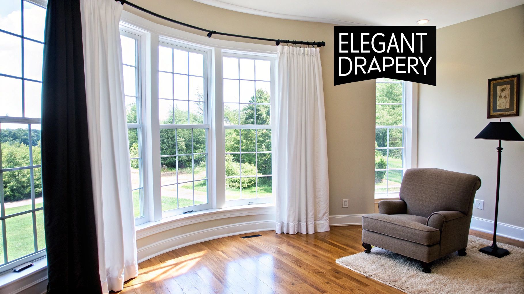 Elegant black and white drapery beautifully adorning a large bow window in a bright room.