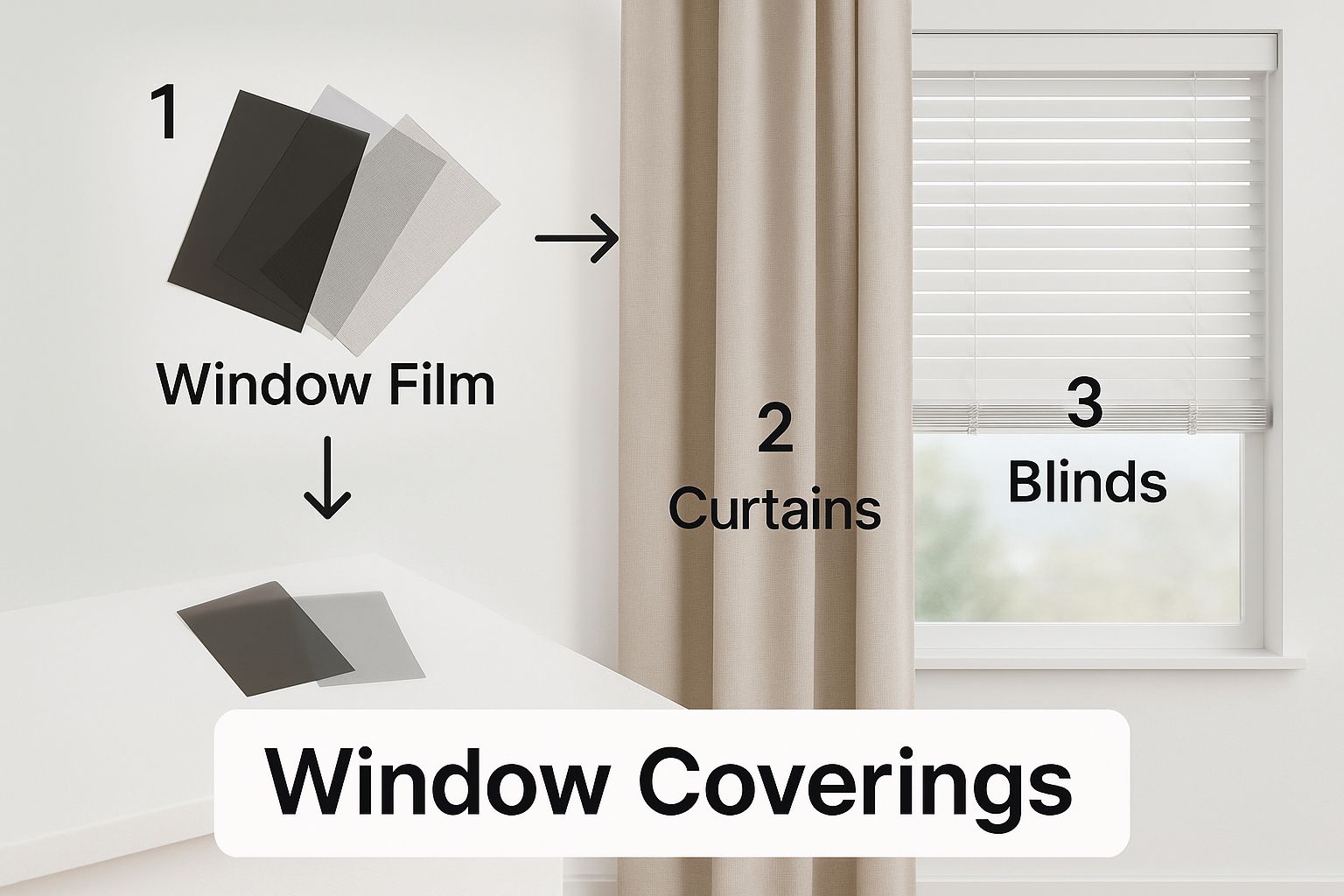 A person choosing between blackout curtains, cellular blinds, and window film.