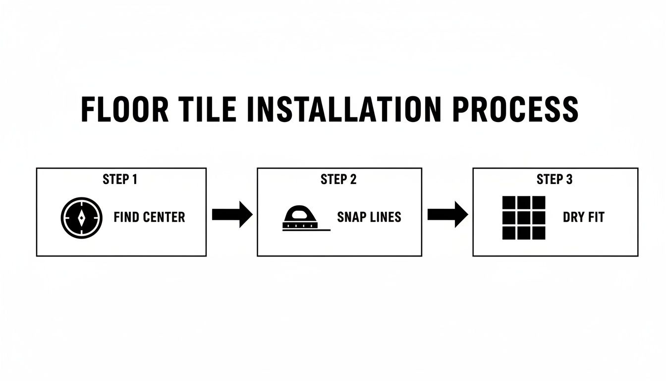 A diagram illustrating the floor tile installation process with steps: find center, snap lines, and dry fit.