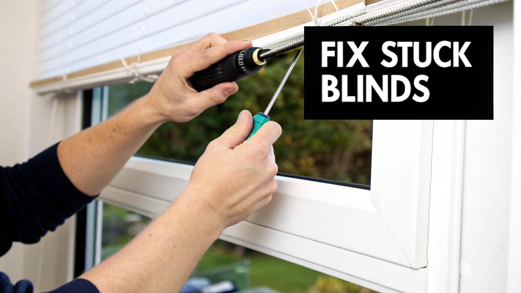 Hands repairing white horizontal window blinds with two screwdrivers.