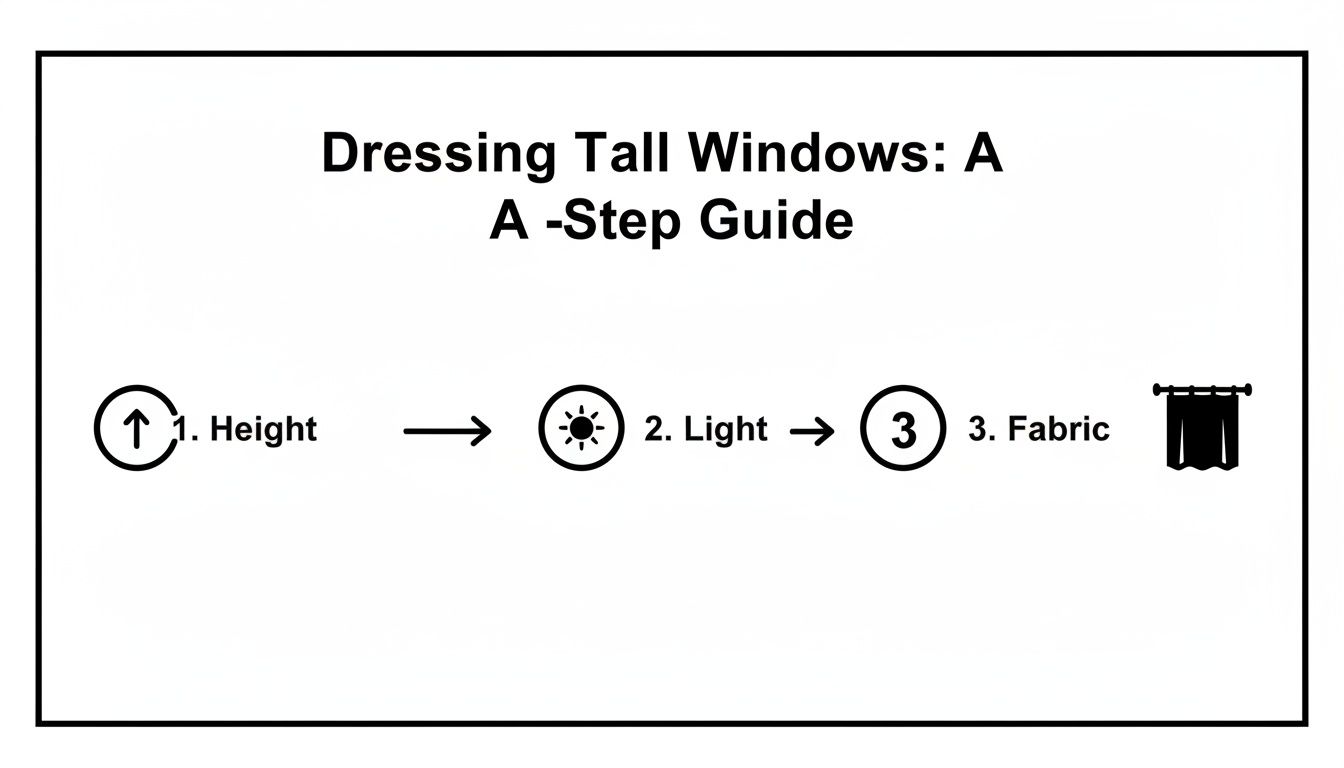 Infographic outlining three key steps to dressing tall windows: height, light, and fabric.