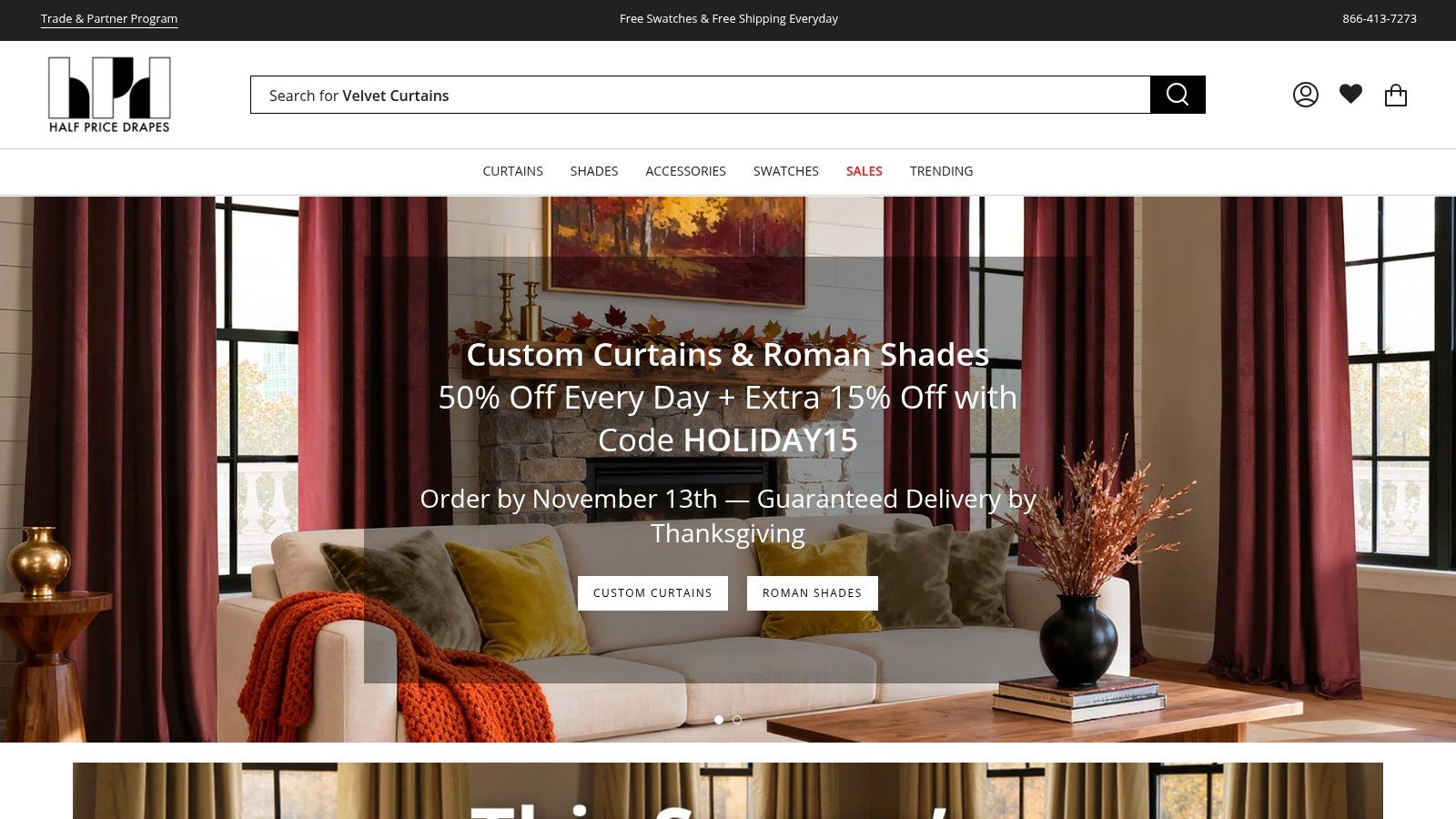 Luxurious, heavy, floor-length velvet curtains from Half Price Drapes in a living room.