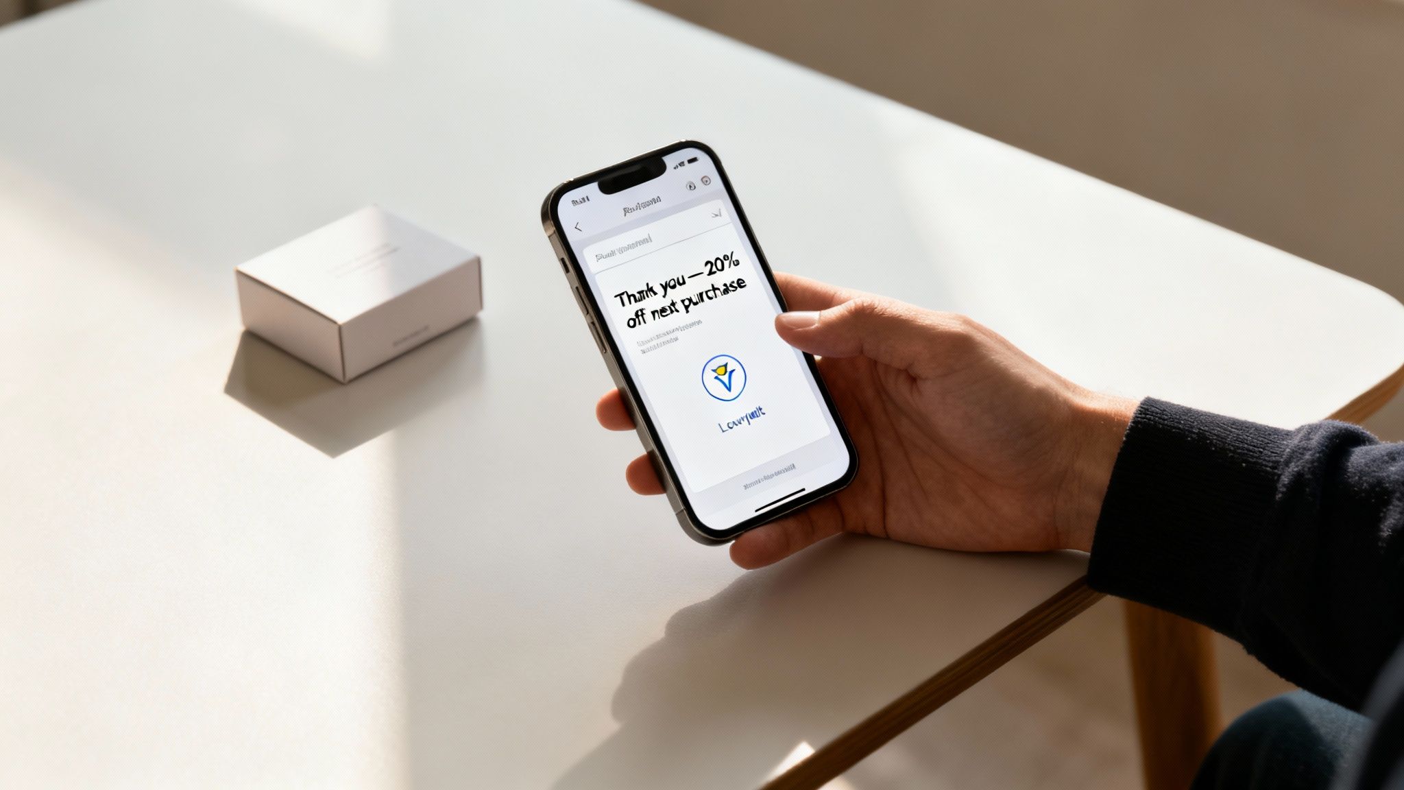 A person holds a smartphone displaying a 'Thank you - 20% off next purchase' loyalty offer from LovePet.