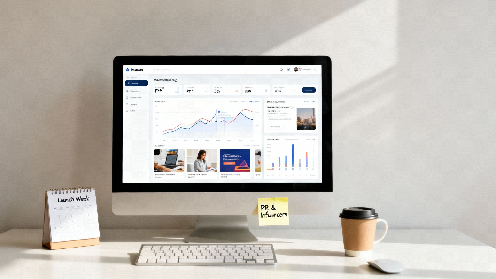 Modern workspace with a computer displaying a marketing dashboard, a 'Launch Week' calendar, and 'PR & Influencers' note.