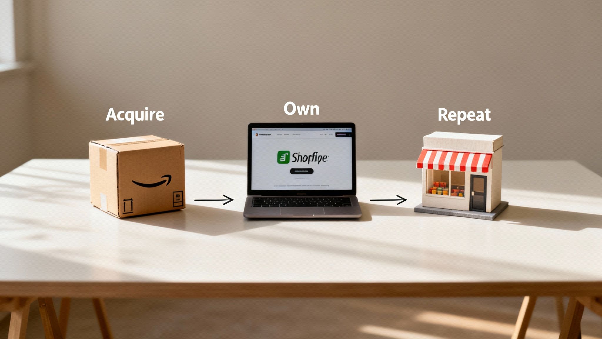 E-commerce cycle: acquire products (Amazon box), sell online (Shopfipe laptop), and repeat sales (miniature store).
