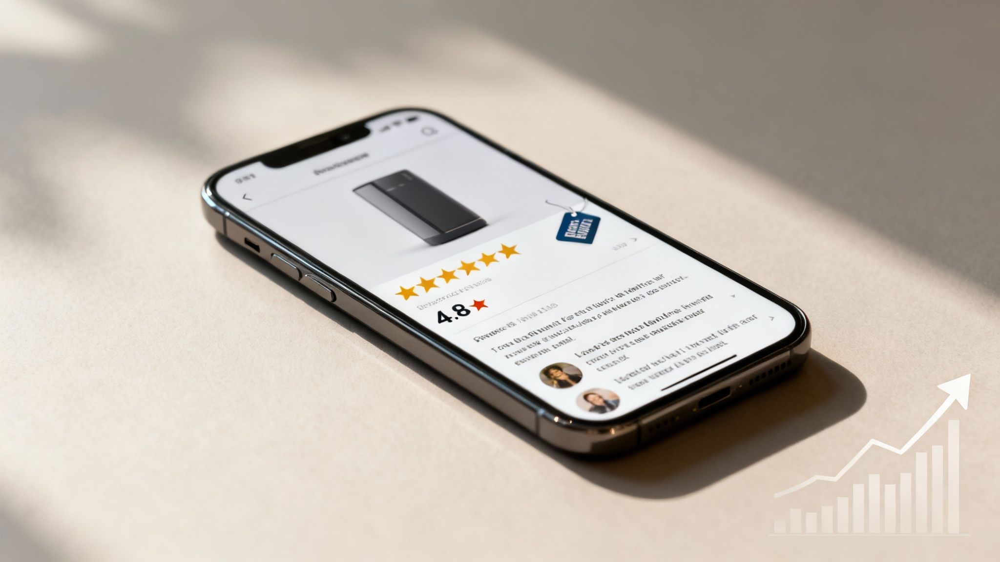 Smartphone showing an e-commerce product page with 4.8-star ratings, customer reviews, and a sales growth graph.