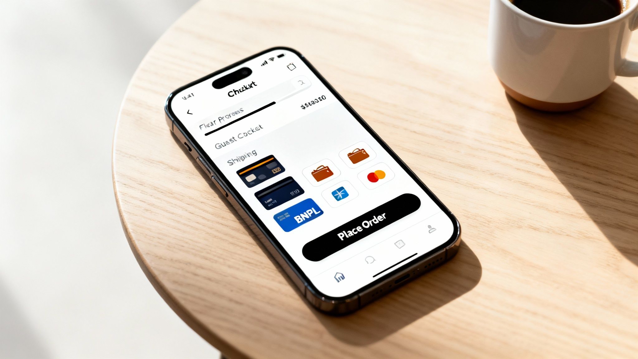 A smartphone on a wooden table displays a mobile e-commerce checkout screen with multiple payment options and a 'Place Order' button.