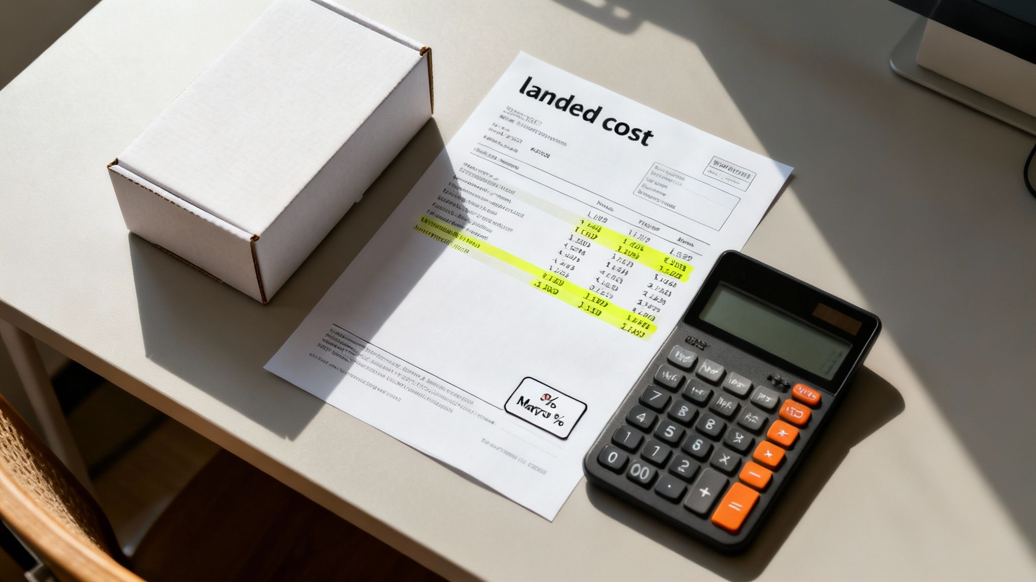 A document titled 'landed cost' with highlighted numbers, a calculator, and a small box on a desk, representing product pricing.