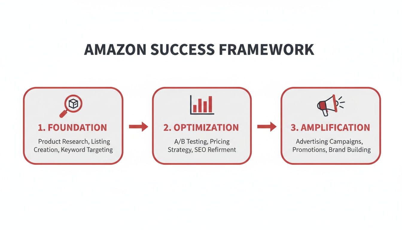 Diagram illustrating the Amazon Success Framework: Foundation, Optimization, and Amplification for effective product listings.