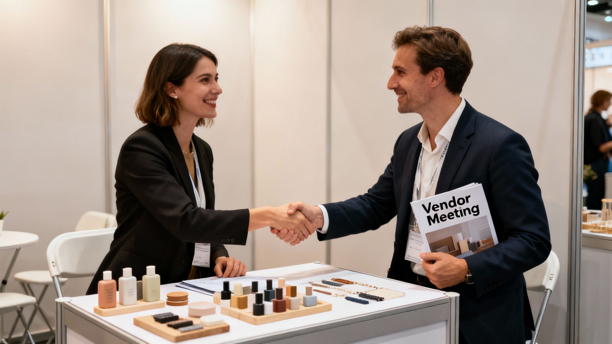 Two smiling business people shaking hands at a trade show booth with product samples.