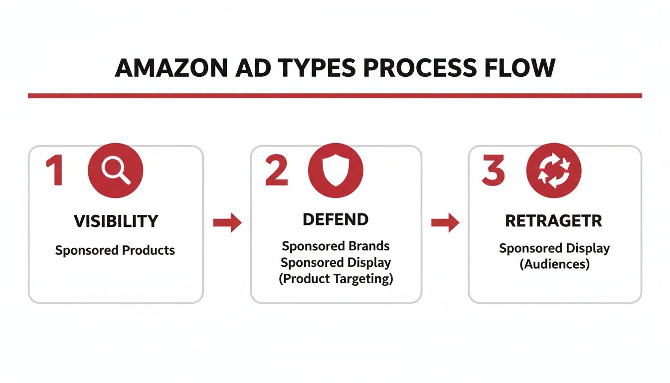 Flowchart illustrating Amazon ad types process: Visibility, Defend, and Retragetr strategies for advertising.