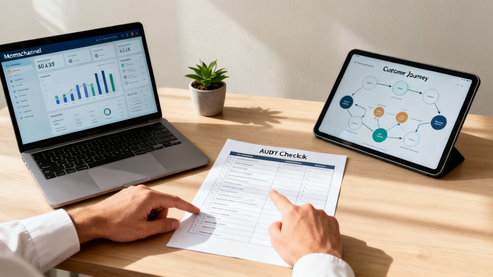 Hands analyzing an audit checklist, with a laptop showing data analytics and a tablet displaying customer journey.